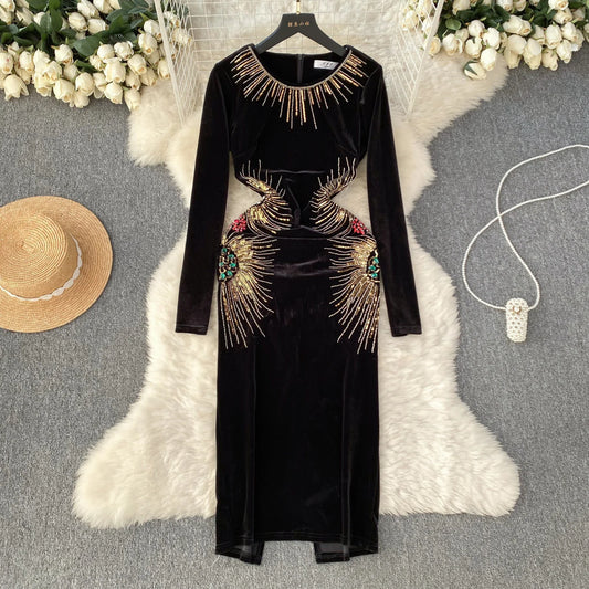 Chic Elegant Long Sleeve O Neck Rhine Stone Sequin Velvet Dress Sexy Vestidos High Waist Women Autumn Ceremonial Dress