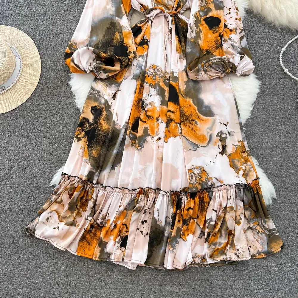 Elegant Casual A-Line Vintage Ruffle Print Long Dress Autumn Lantern Sleeve Party Boho Dresses Beach Holiday Female Vestidos