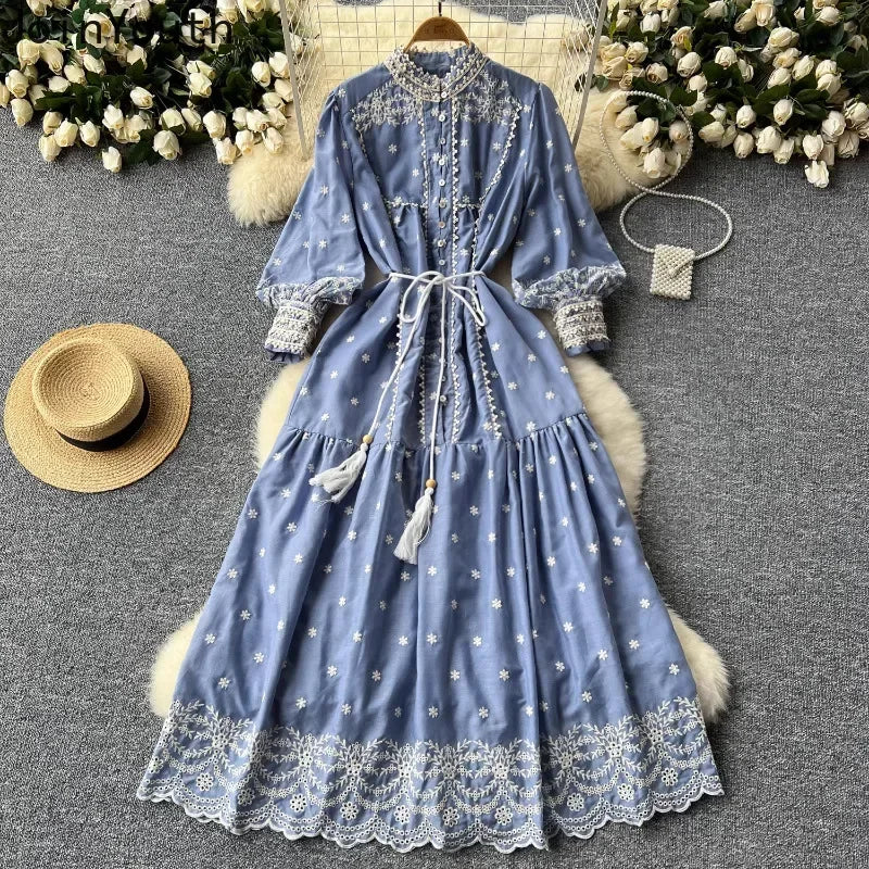Vintage Embroidery Stand Collar Dresses for Women 2024 Summer New Robe Femme Heavy Elegant Lantern Sleeve Chic Vestido Feminino