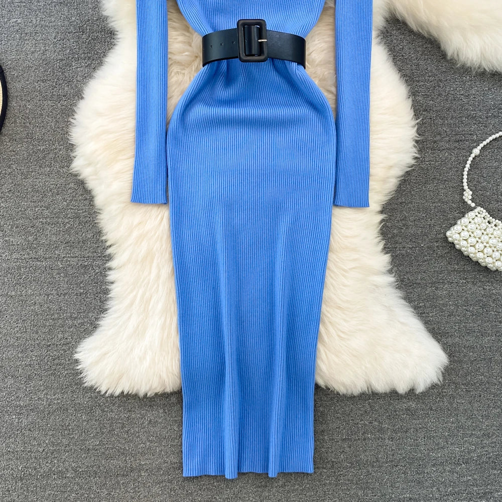 Elegant Turtleneck Long Sleeve Knit Soft Tight Pencil Dress with Belt Slim Fashion Warm Sweater Vestido Sexy Women Winter Robe