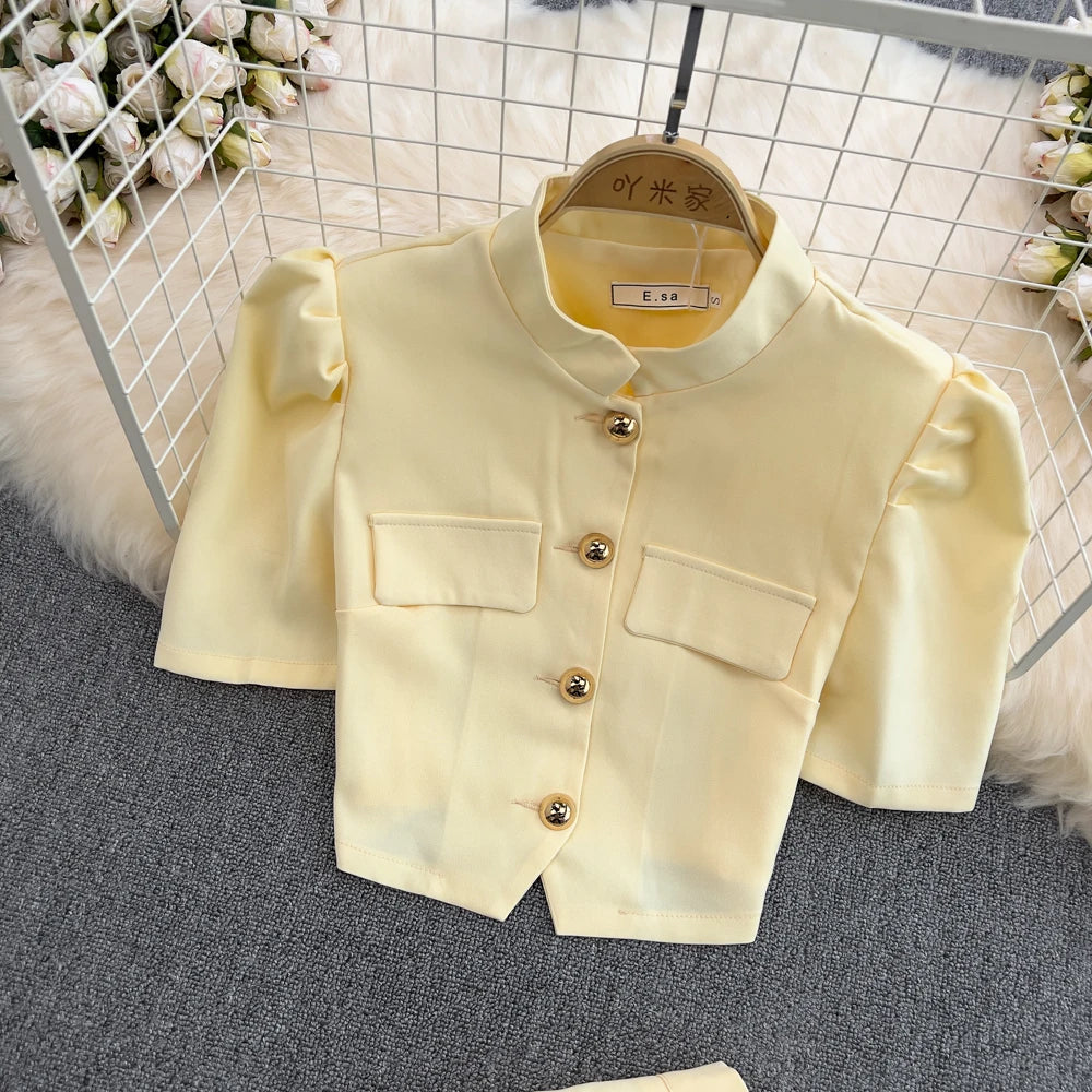 Chic Two Pieces Sets Sexy Single Breasted puff sleeve sweet blouse with Fashion basics A-line Skirt Vacation Sets