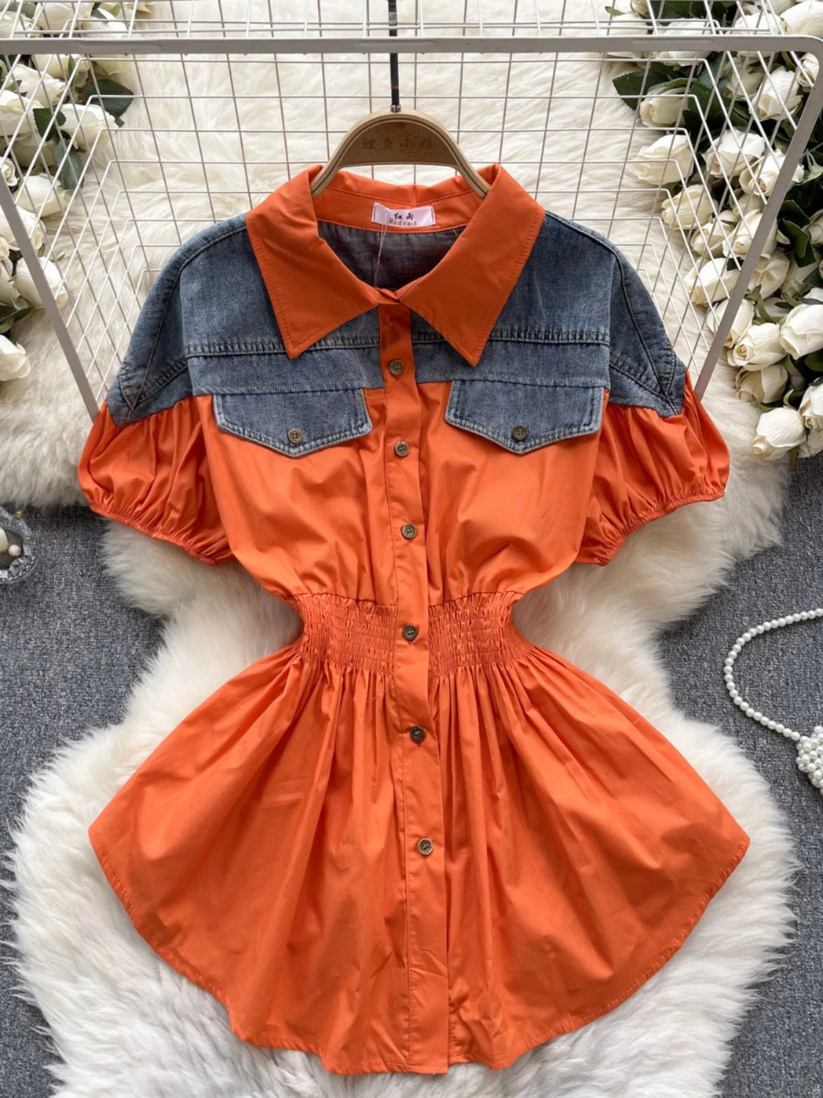 KUSAHIKI Korean Women Fashion Hit Color Patchwork Puff Sleeve Stretch Slim Waist Versatile Shirt Top 2024 Sprign Summer Blouses