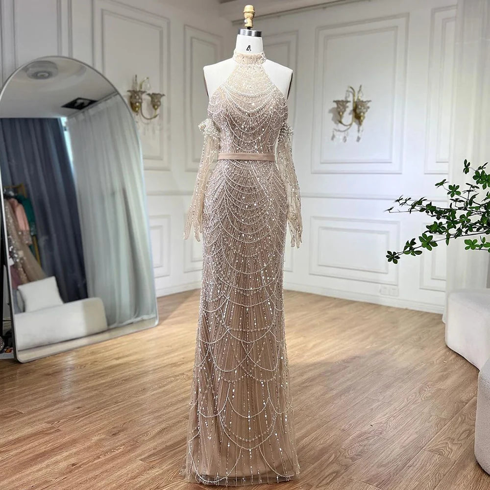 SERENE HILL Dubai Arabic Nude Mermaid With Gloves Luxury Beaded Evening Dresses Gowns 2024 For Women Wedding Party GLA72032A