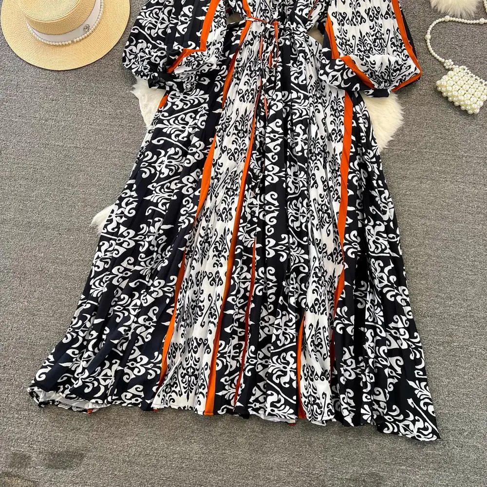 Elegant Women Casual Floral Print Party Dress Vintage Lantern Sleeve A-Line Pleated Prom Birthday Clothes Female Fashion Robe