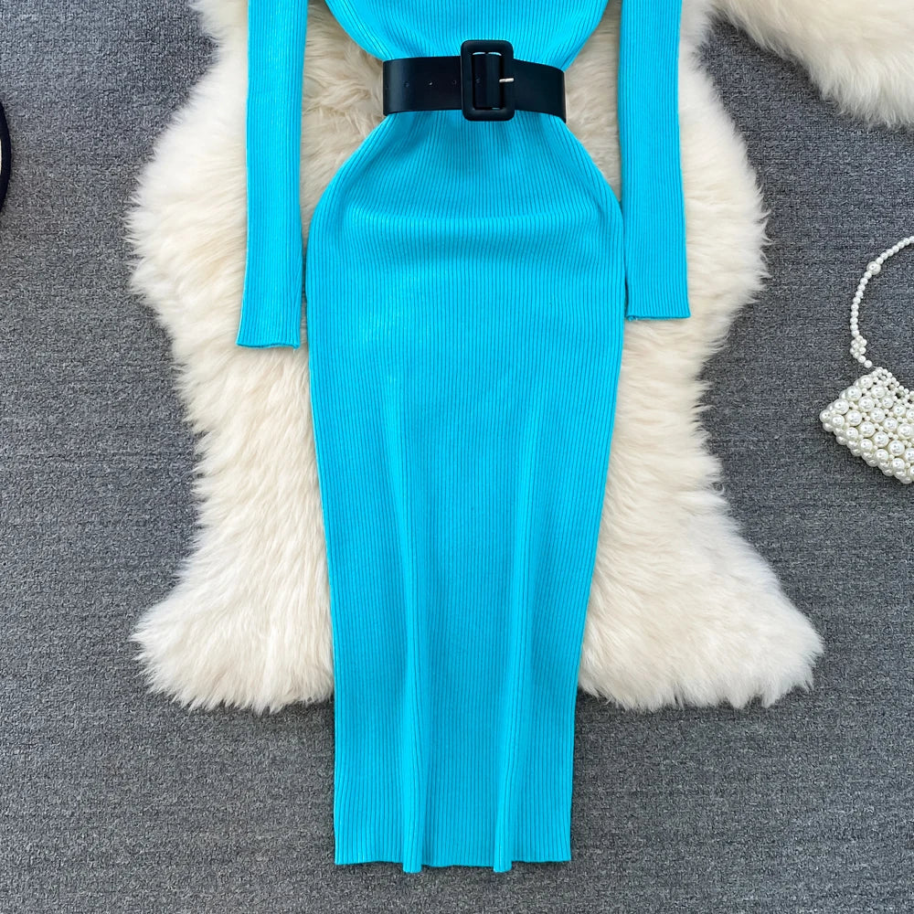 Elegant Turtleneck Long Sleeve Knit Soft Tight Pencil Dress with Belt Slim Fashion Warm Sweater Vestido Sexy Women Winter Robe
