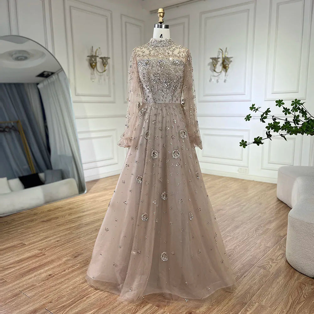 Serene Hill Muslim Nude A-Line Beaded Luxury Elegant Dubai Long Evening Gown for Women - Wedding Party 2024  LA72594