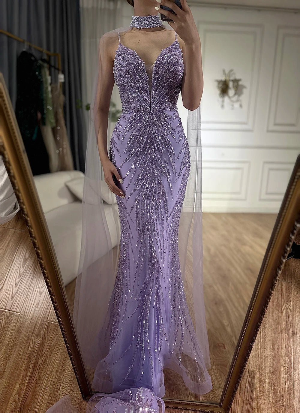 Serene Hill Spaghetti Strap Long Cloak Mermaid Caramel Beaded  Luxury Evening Dresses Gowns for Women's Party 2024 LA72768
