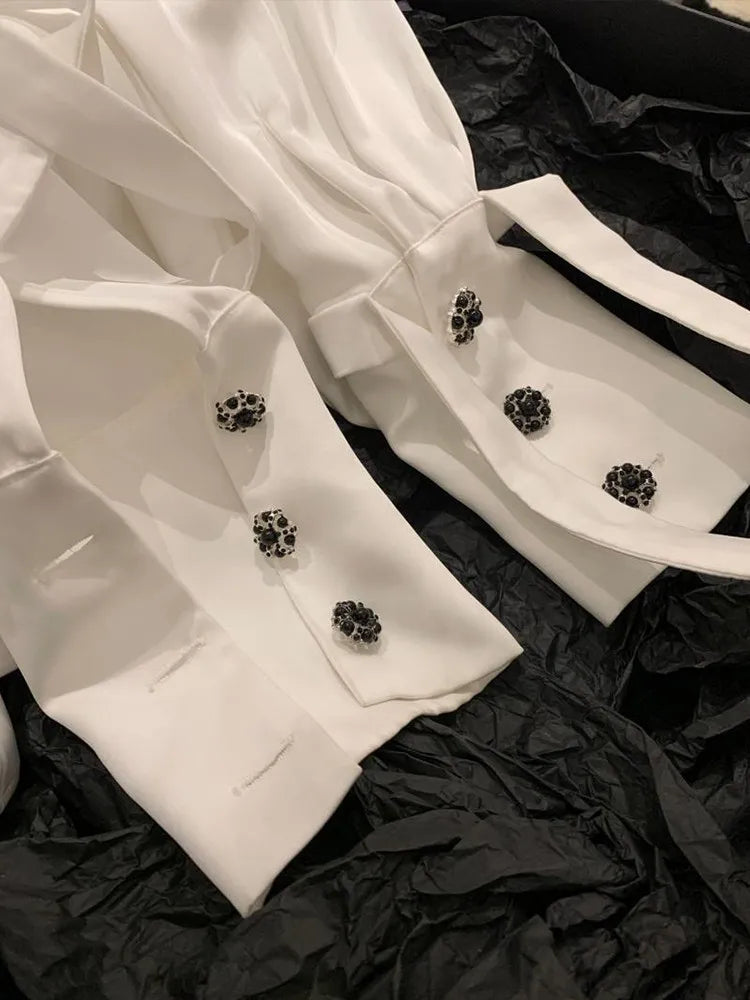 Spring and Autumn New Long sleeved Single breasted Shirt Blouse Women's Palace Style Satin Effect White Shirt with Ribbon Design