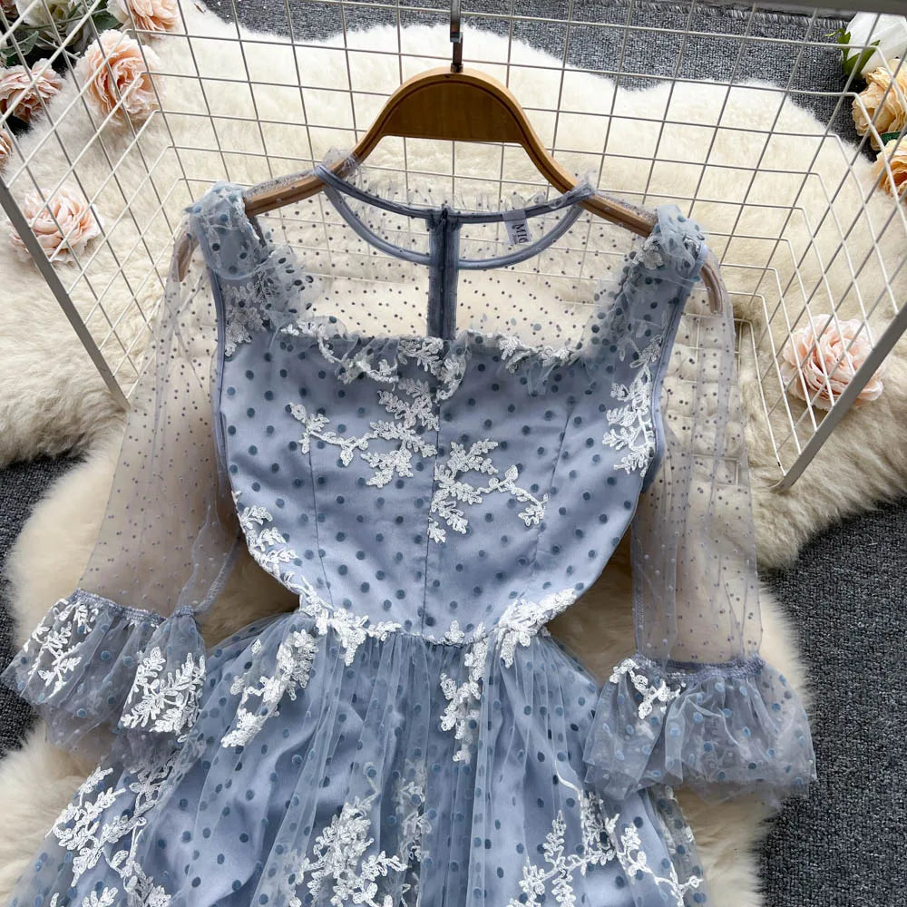 High Quality France Style Mesh Dress Women Long Ruffles Sleeves O Neck Embroidery Dot Zipper Ruched Gentle Party Sundress