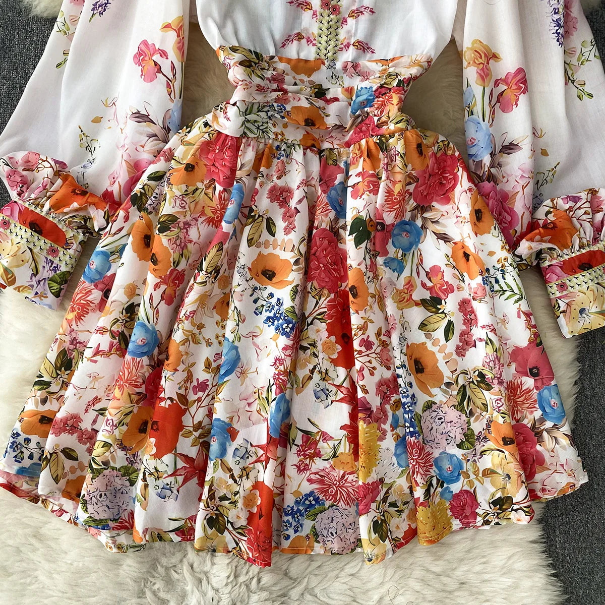 Short Dresses 2023 Fashion Women Clothing Party Elegant Vintage Floral Print Dress Womens V Neck Long Sleeve Mini Vacation Dress