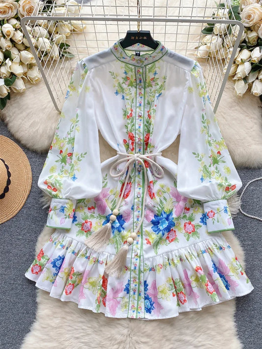 Clothes For Women Dresses 2024 Spring Ruffle Hem Vintage Floral Print Dress Stand Neck Long Sleeve Holiday Mini Dress With Belt