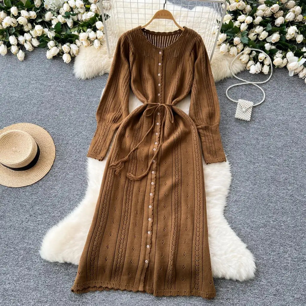 Elegant Autumn Solid Knitted Dresses for Women Sweet Hook Flower Hollow Strap A-line Korean Fashion Casual Vestidos Mujer New