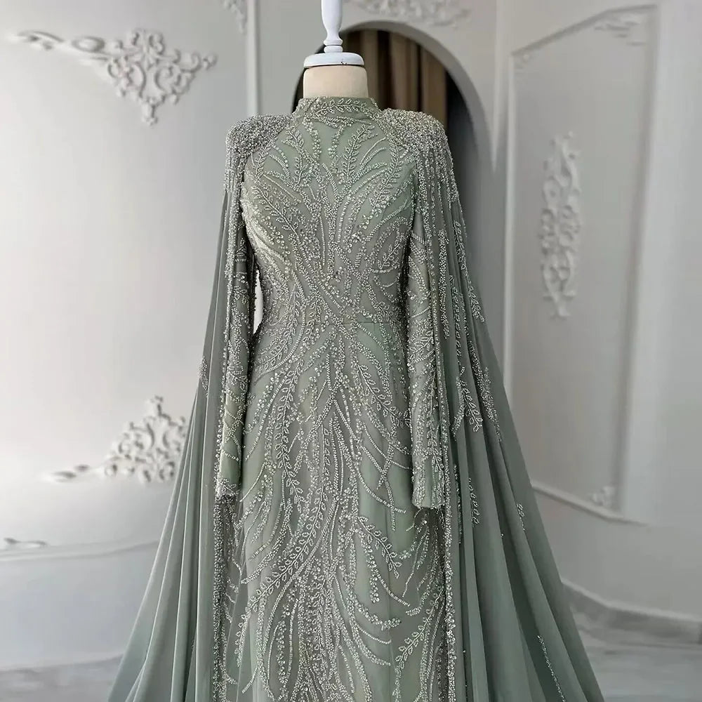 Serene Hill 2024 muslim Sage Green Mermaid Cape Sleeves Beaded Satin Luxury Evening Dresses Gowns for Women Party LA72413