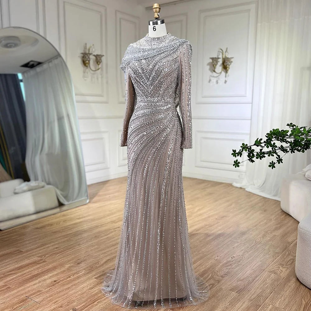 Serene Hill 2024 Muslim Silver Nude Beaded Sparkle Elegant Luxury Mermaid Evening Dresses Gowns for Women Party LA70752H