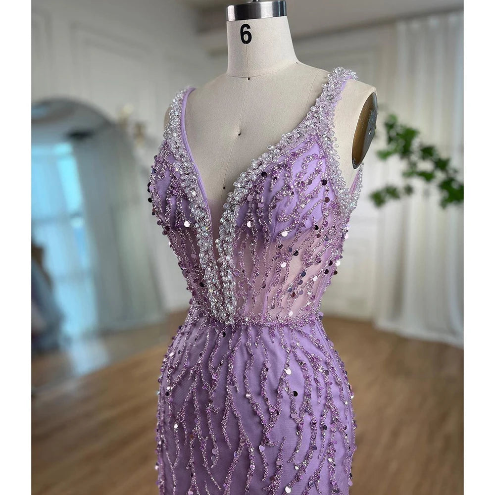 Serene Hill Pink Mermaid High Split Luxury Evening Dresses Feather Beaded Gowns Long 2024 For Women Wedding Party LA72152