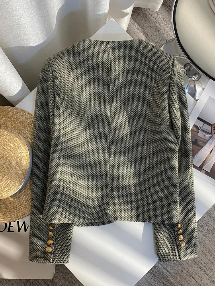 Women's Round Neck Blazer Jacket for Spring and Autumn Trendy Single Breasted Cropped Coat Small Fragrance Green Suit Outerwear