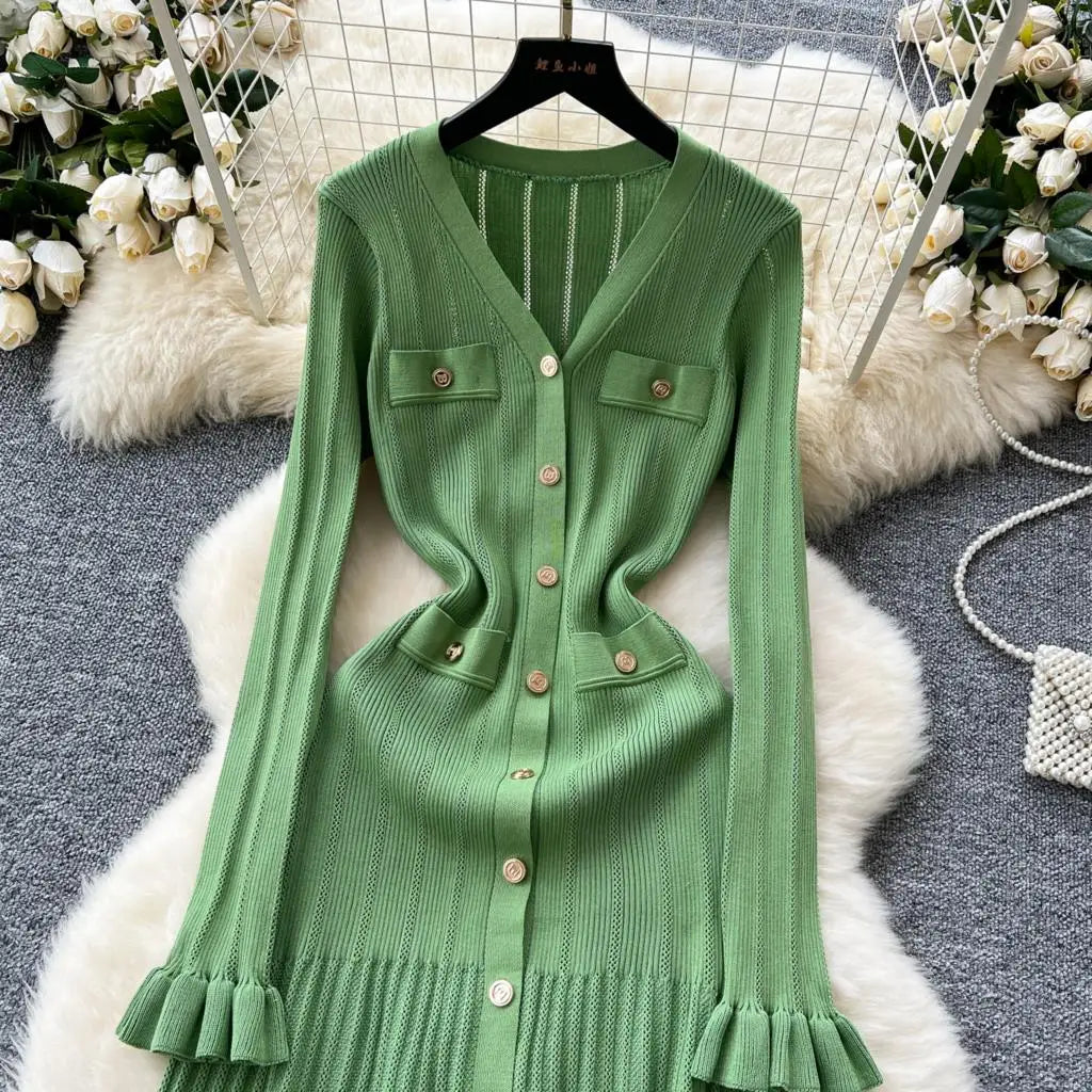 Elegant Women Solid Knitted Dresses Autumn V-Neck Single Breasted Chic Flared Sleeve Ruffles Hem Casual Female Slim Office Robes