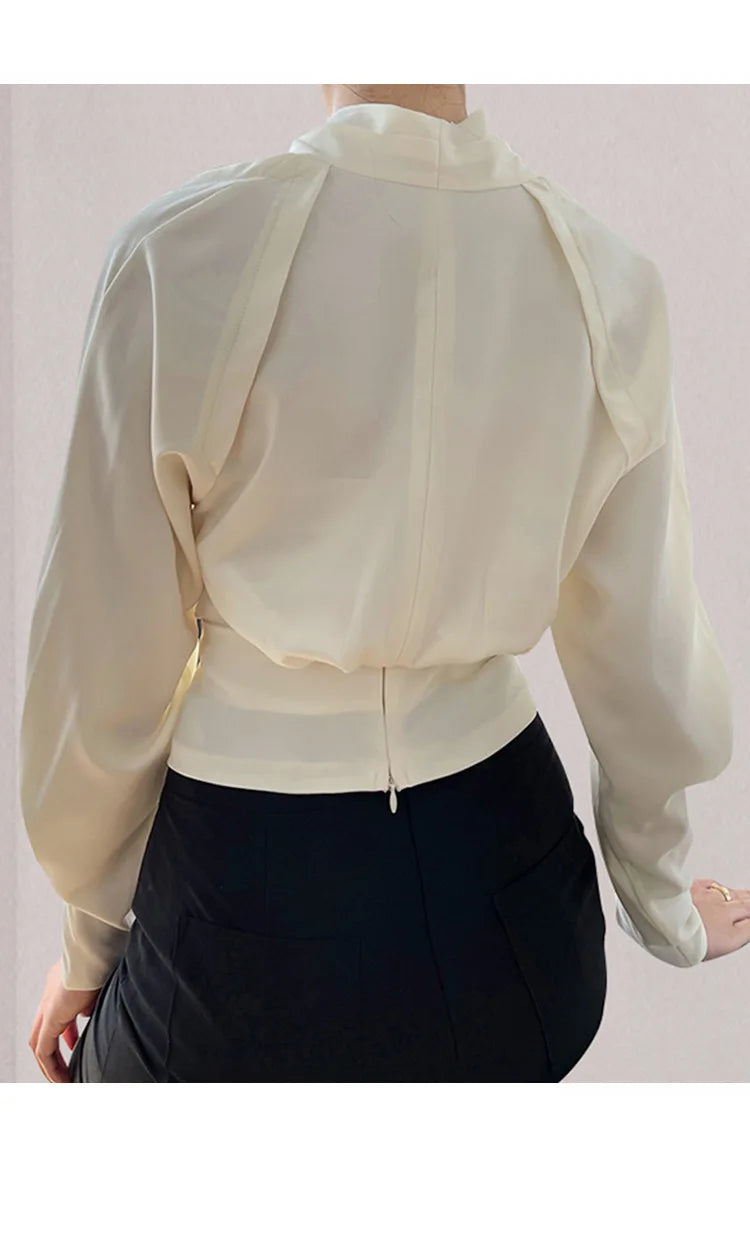 Autumn New Women's Long sleeved V-neck Shirt Top Short French Elegant Temperament Satin Effect Slimming Shirt Blouse