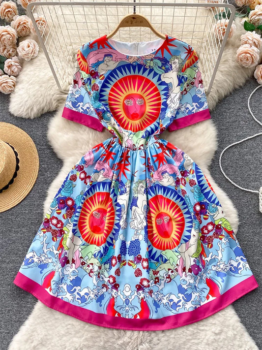 Fashion Vintage Print Summer Dresses For Women 2024 Round Neck Short Sleeve Mini Dress Elegant Party Dresses Womens Clothing