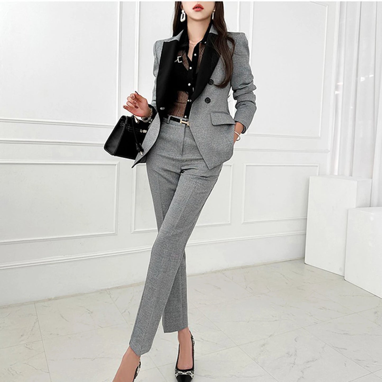 Trendy Slim Fit Commuting Two Pieces Set Office Women's Formal Outfit Double Breasted Work Blazer+Suit Pants Spring Autumn New