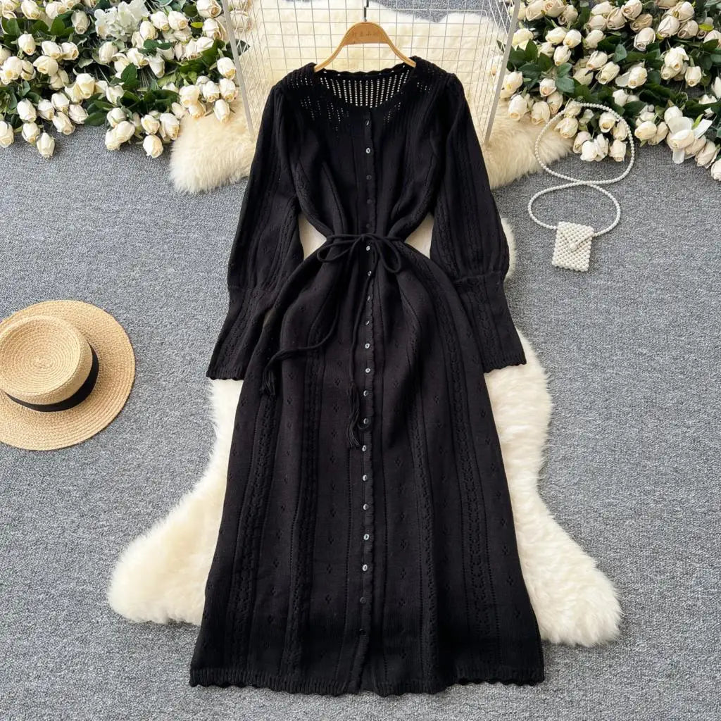 Elegant Autumn Solid Knitted Dresses for Women Sweet Hook Flower Hollow Strap A-line Korean Fashion Casual Vestidos Mujer New