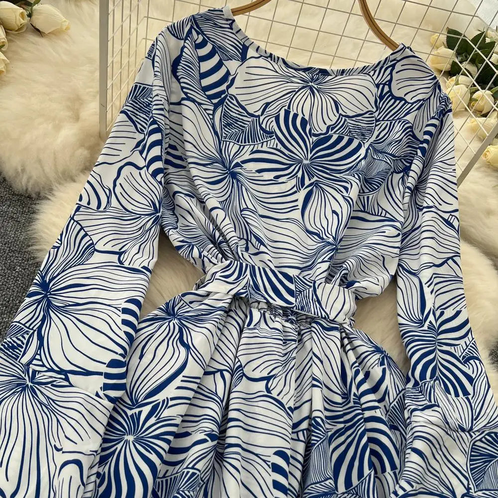 Women Vintage Print Dress for Women Autumn Flare Long Sleeves Lace Up Ruffles Slim Waist Evening Party Dresses A-Line Vestidos