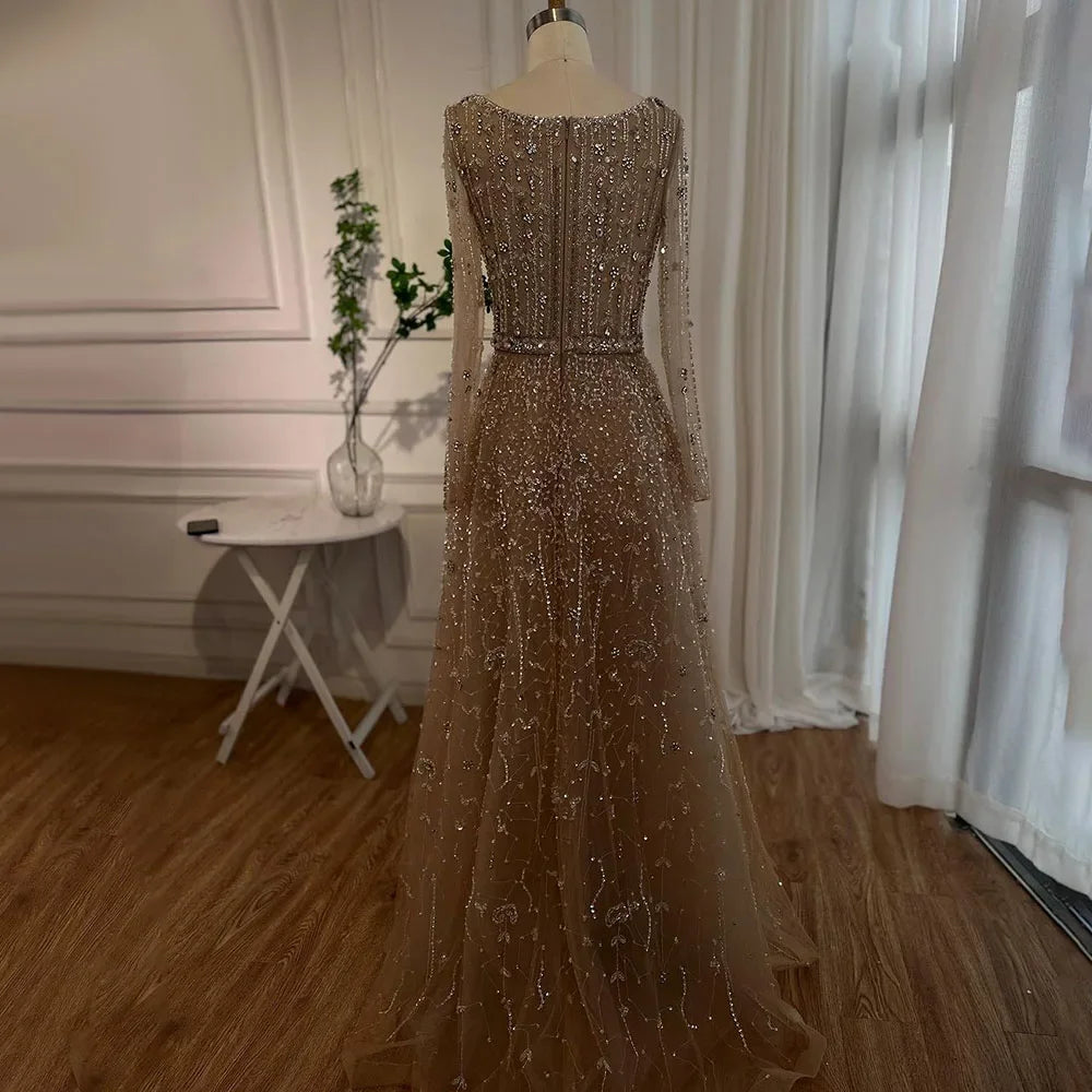 Serene Hill Dubai Arabic Designer Luxury Nude A Line Beaded Evening Dresses Gowns For Formal Occasion 2024 LA72088
