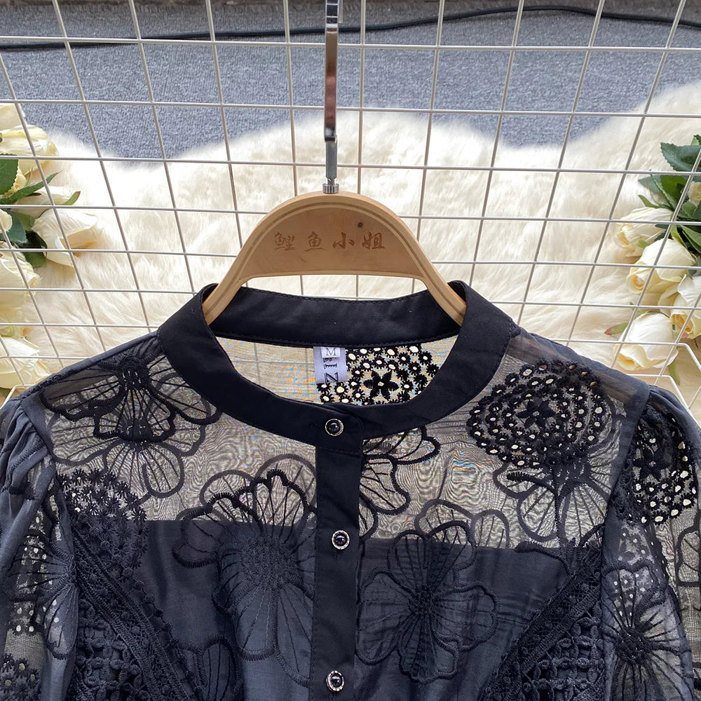 Spring Dresses 2024 Crochet Trim Cutwork Embroidery Mini Holiday Dress Women Stand Collar Long Sleeve Elegant Party Dresses