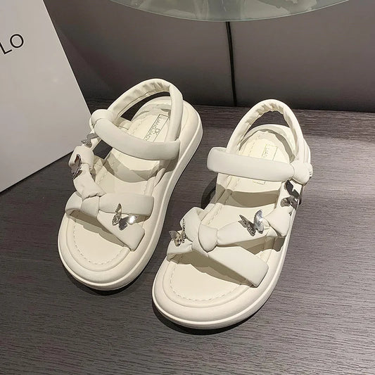 2024 Summer Low Sandals Woman Leather Bow Shoes Clear Heels Soft Low-heeled Comfort Clogs New Girls Fashion Slipper Rome Casual