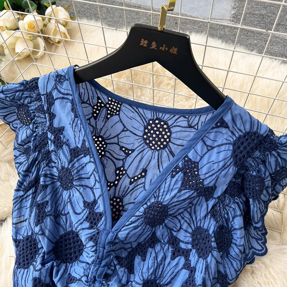 Short Dresses 2023 Women Ruffle Hem Vintage Daisy Embroidery Dress V Neck Drawstring Tie Ruffled Sleeve Vacation Summer Dress