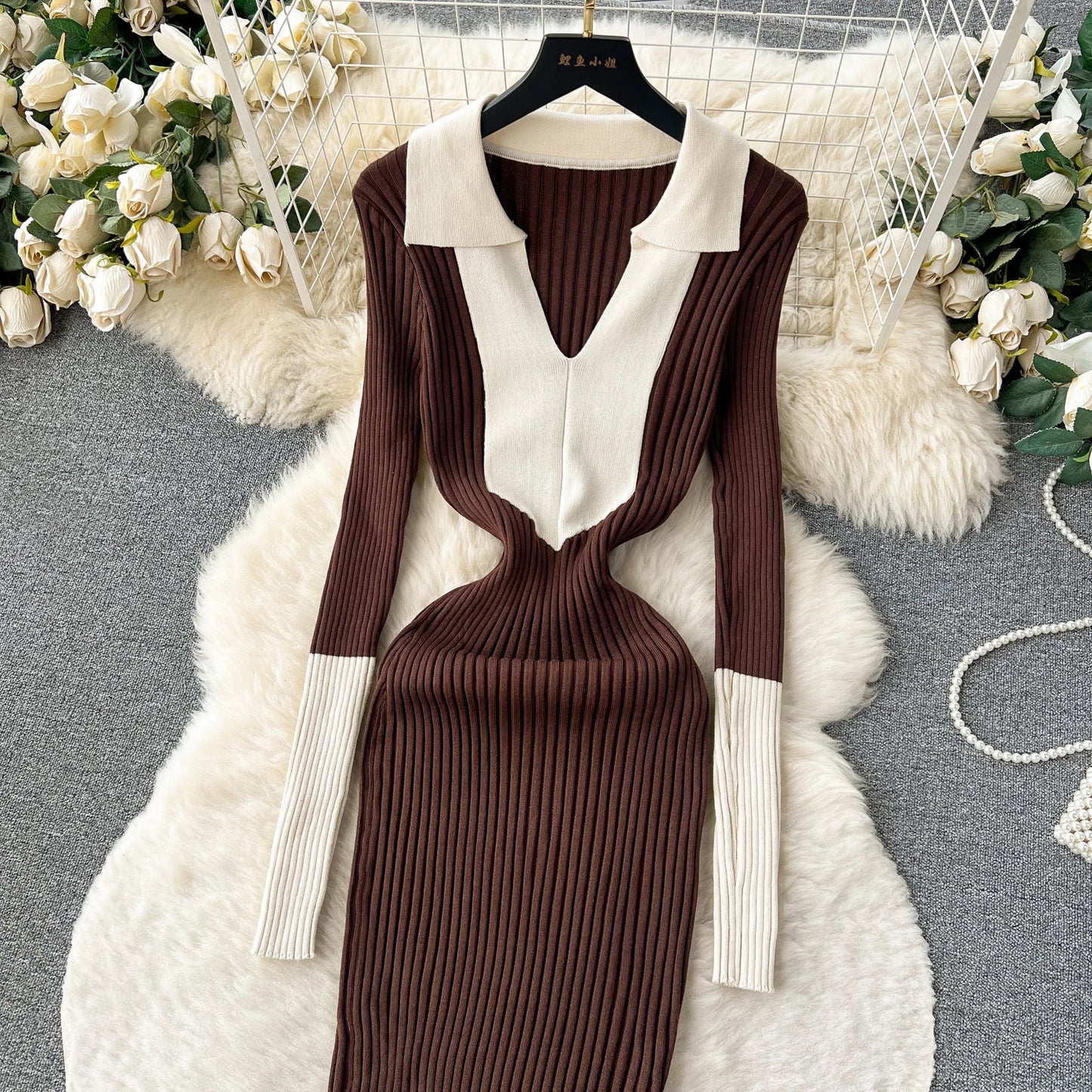 Elegant Polo-neck Long Sleeve Knit Bodycon Pencil Dress Slim Basic Fashion Sweater Vestido Sexy Women Autumn Winter Clothing