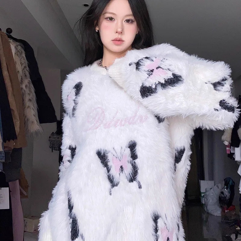 2024 Spring Autumn New Butterfly Embroidered Soft Sweater Round Neck Long Sleeve baggey Pullover Women Oversized Casual Sweaters