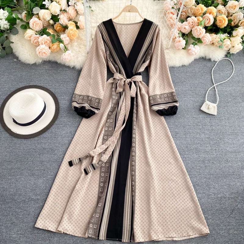 Vintage Print Elegant Puff Sleeve One Piece Dress A-line Lace-up Beach Vacation Midi Dress Women Fashion Spring Autumn Vestidos