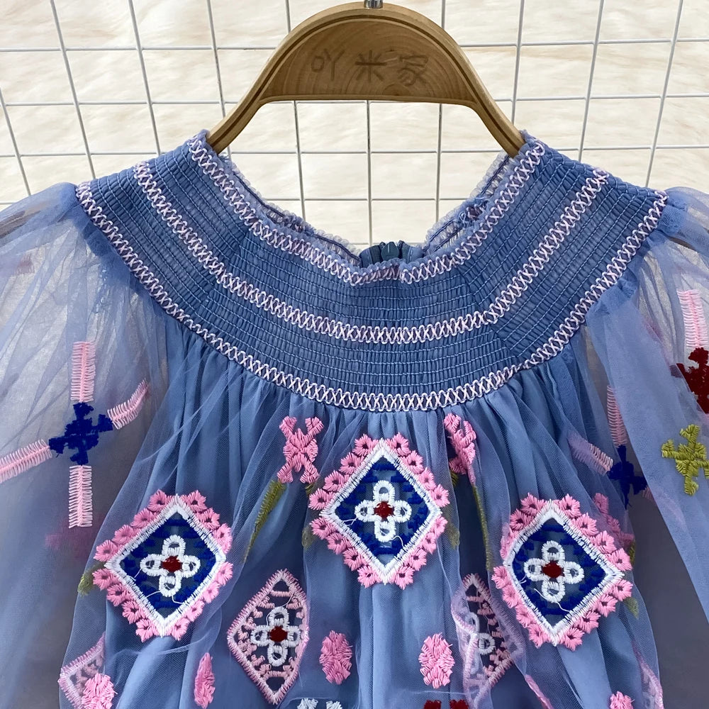 Summer Designer Fashion Runway Maxi Dress Women Short Sleeves Vintage High Quality Mesh Embroidery Long  Party Dress