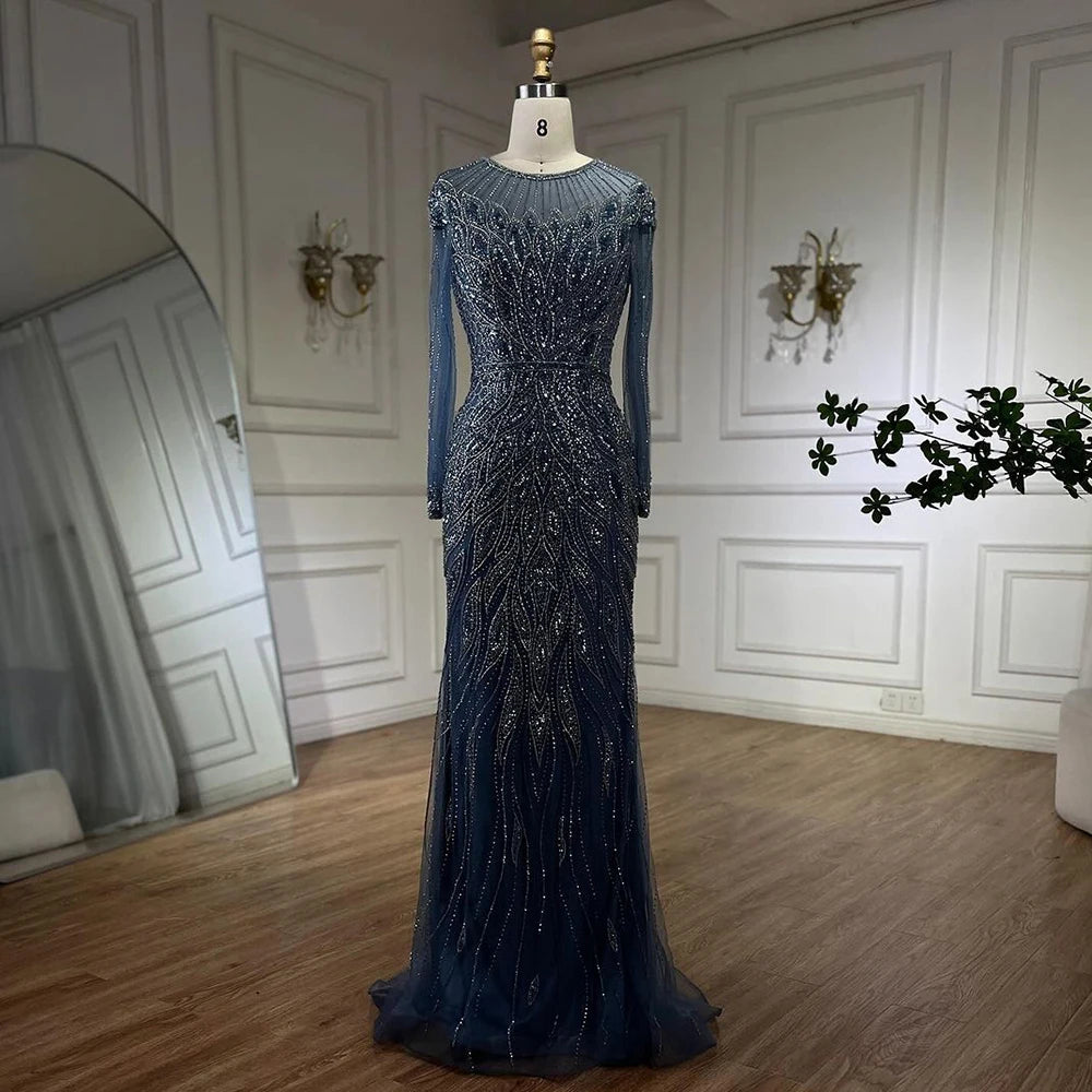 Serene Hill Muslim Blue Mermaid Luxury Beaded Dubai Long Evening Dresses Gowns for Women Wedding Party 2024 LA71999L