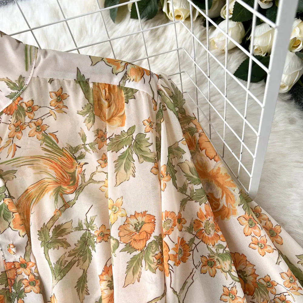 Elegant Party Dresses For Women Stand Collar Vintage Floral Print Dress Long Sleeve Holiday Beach Chiffon Mini Dress With Belt
