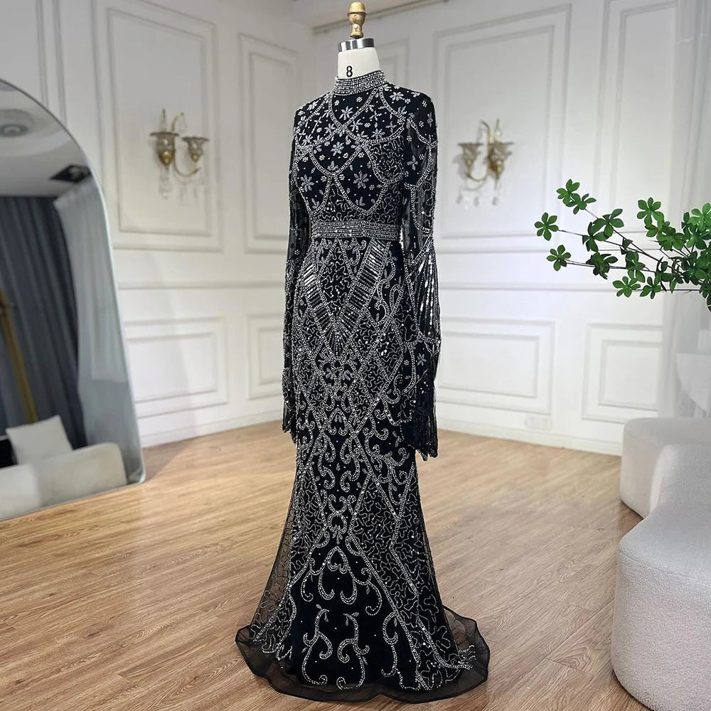 Serene Hill Muslim Grey Mermaid Elegant Nude Cape Sleeve Beaded Luxury Dubai Long Evening Dress 2024 Women's Party LA72316