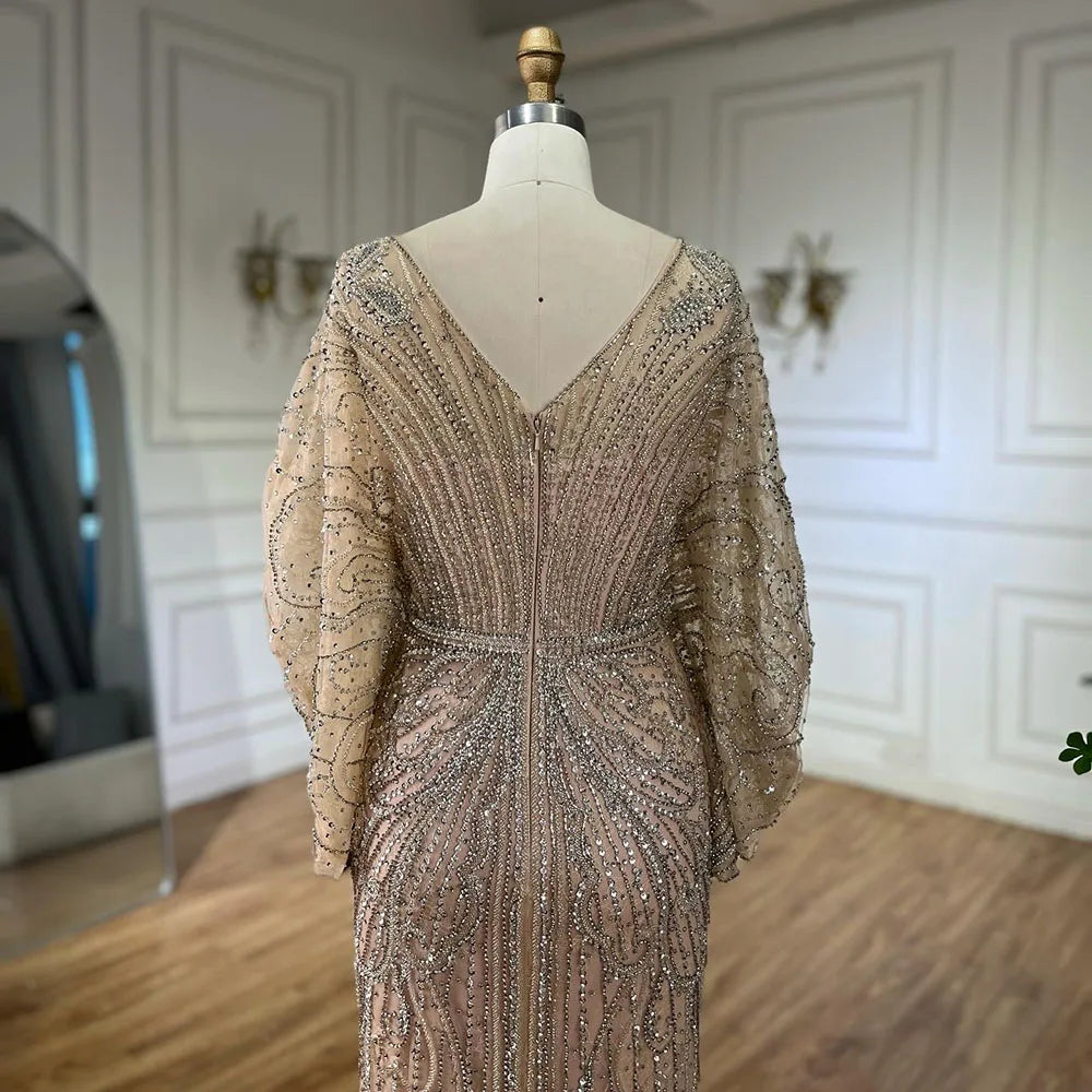SERENE HILL 2024 Arabic Gold Elegant Mermaid Black Luxury Beaded Evening Dresses Gowns Diamond For Women Wedding Party GLA72288A
