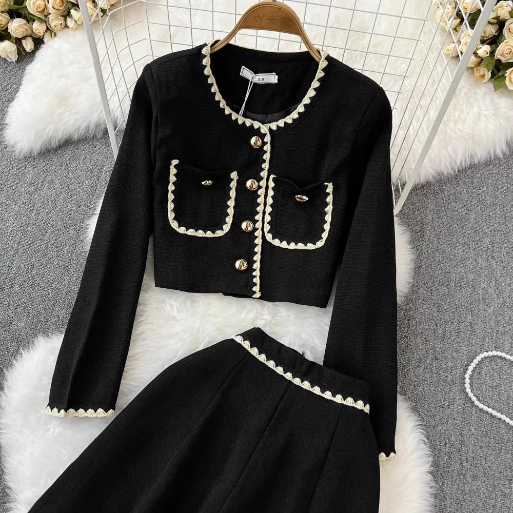 Small Fragrance Elegant 2-Piece Set Spring Autumn Trendy Women's Outfit O-Neck Short Coat+High Waist Midi A-line Skirt Suit