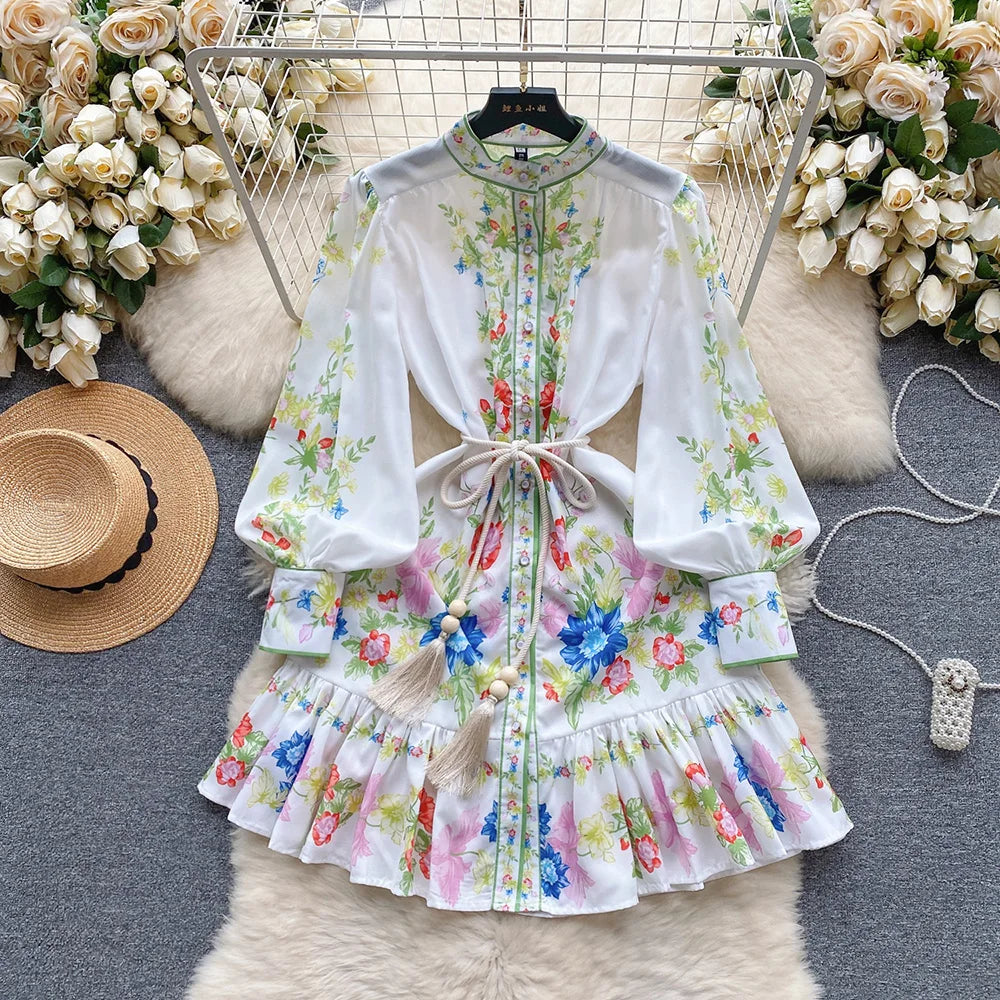 Clothes For Women Dresses 2024 Spring Ruffle Hem Vintage Floral Print Dress Stand Neck Long Sleeve Holiday Mini Dress With Belt