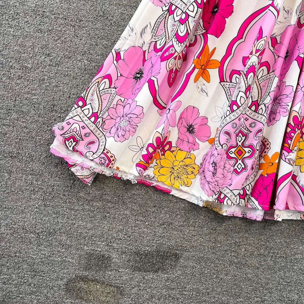 Elegant Women Casual Floral Print Party Dress Vintage Lantern Sleeve A-Line Pleated Prom Birthday Clothes Female Fashion Robe