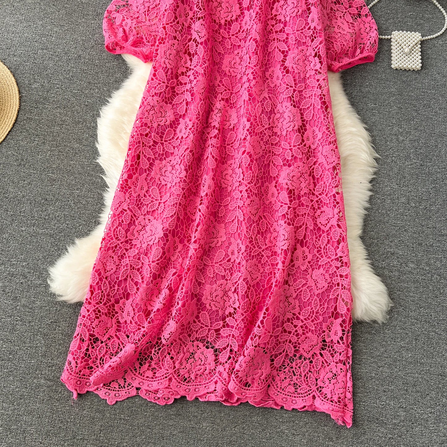 Chic Long Sleeve O Neck Lace Hook Flower Hollow Loose Dress Chiffon A-line Casual Dresses Fashion Women Elegant Vestidos