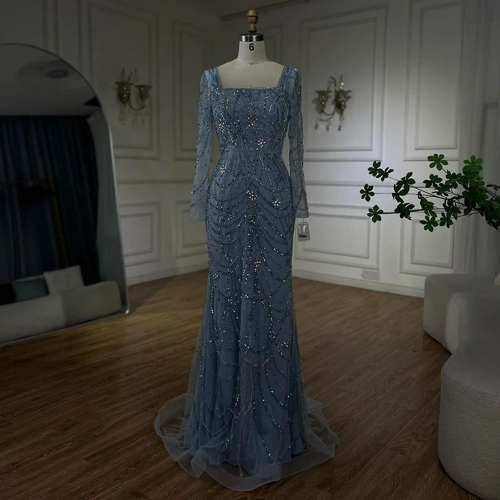 Serene Hill Luxury Dubai Green Mermaid Elegant Crystal Beaded Arabic Evening Dresses Gowns For Women Wedding Party 2023 BLA72242