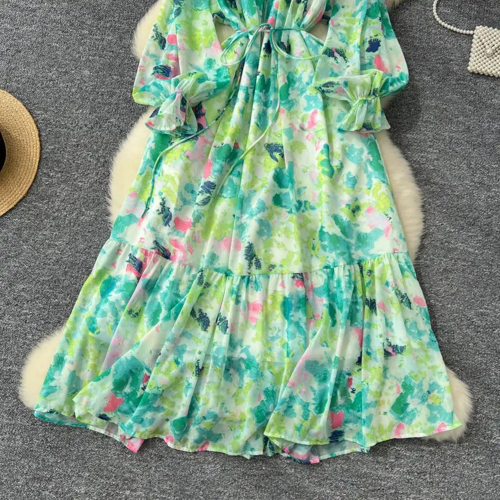 Elegant Floral Print Party Dress for Women French O-Neck Embroidered Flares Lace Up Lantern Long Sleeves Chiffon Long Dresses