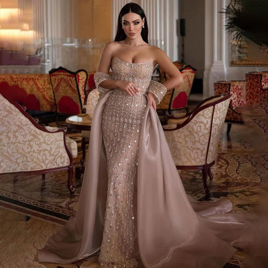 Serene Hill Arabic Caramel Mermaid Strapless With Overskirt Beaded Evening Dresses For Women Wedding Party 2024 LA71922