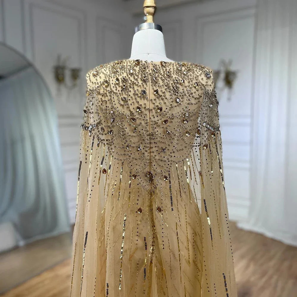 Serene Hill Turquoise Mermaid Evening Dresses Gowns 2024 with Beaded Cape Sleeves Design for Women's Wedding Party BLA72168A