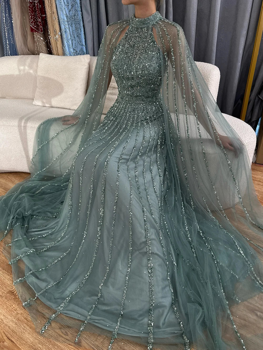 Serene Hill 2024 Arabic Caramel A Line Cape Sleeve Beaded Luxury Saudi Evening Dresses Gowns For Formal Occasion LA72306B