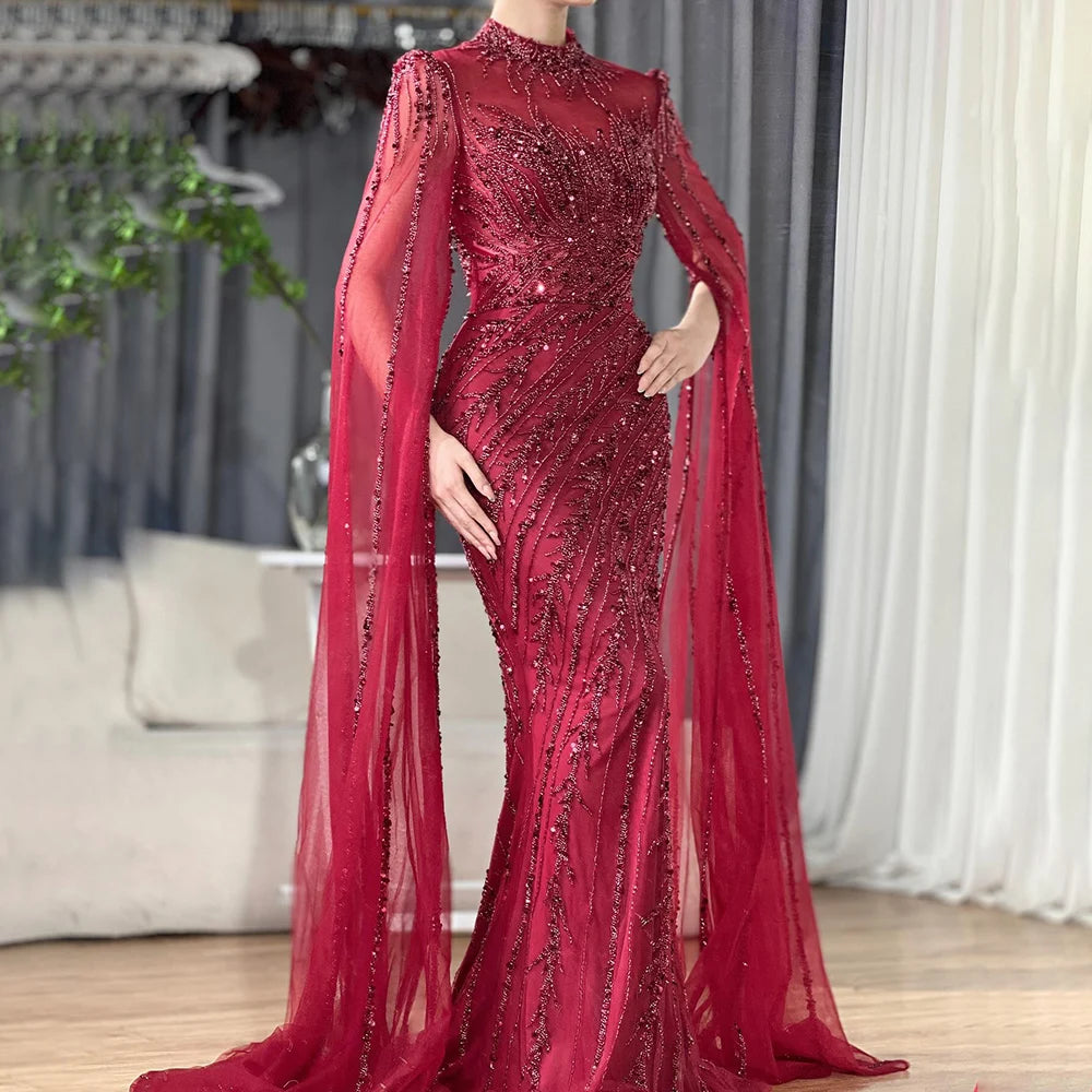 Serene Hill 2024 Nude Cape Sleeves Mermaid Lace Beaded Luxury Dubai Long Evening Dresses Gowns For Formal Occasion LA71885A