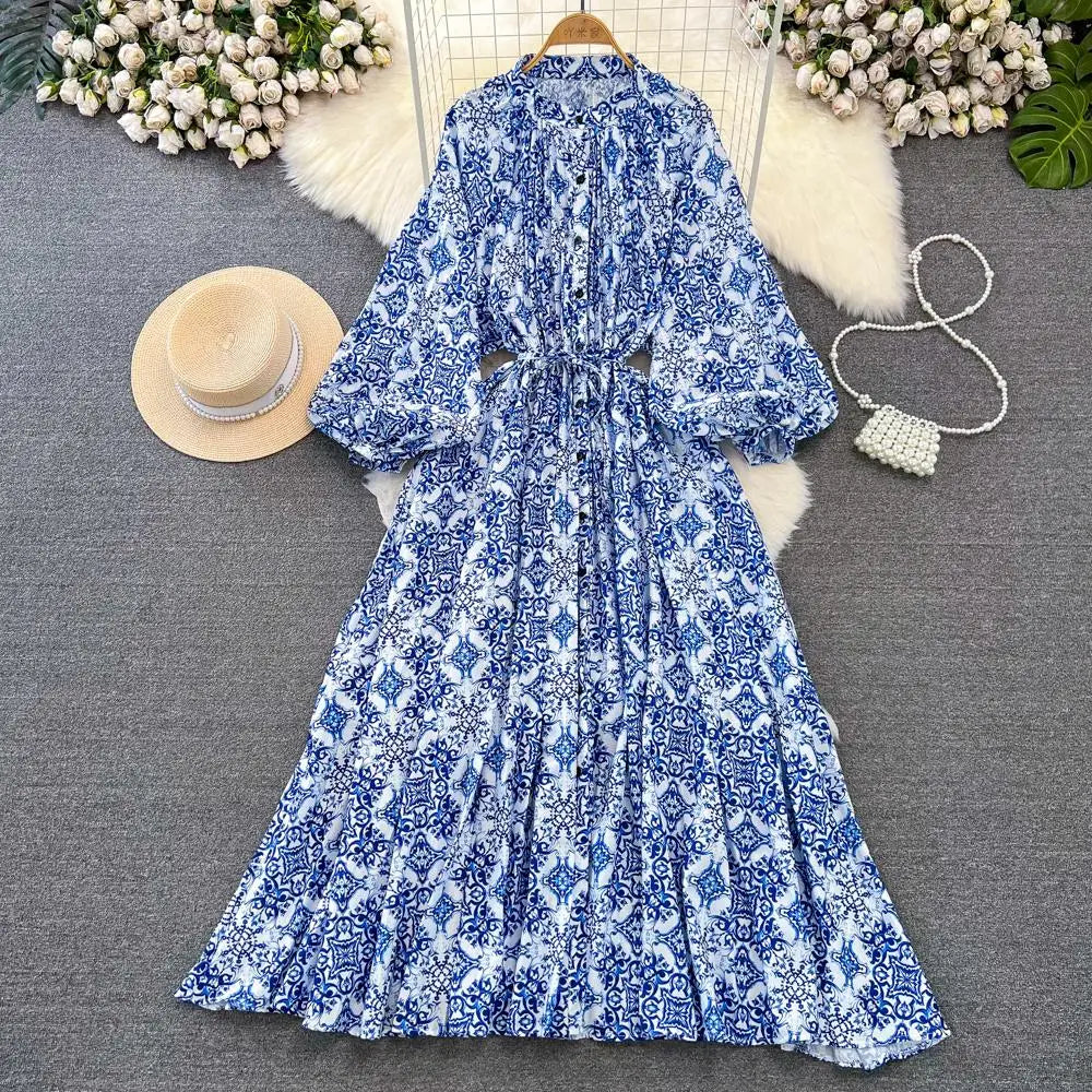 Elegant Women Casual Floral Print Party Dress Vintage Lantern Sleeve A-Line Pleated Prom Birthday Clothes Female Fashion Robe