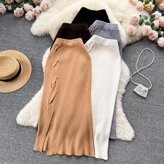 Women Elegant Chic Split Sexy Skirt Elastic Knit High Waist Fashion Vintage Pencil Skirt Black White Spring Autumn Clothing